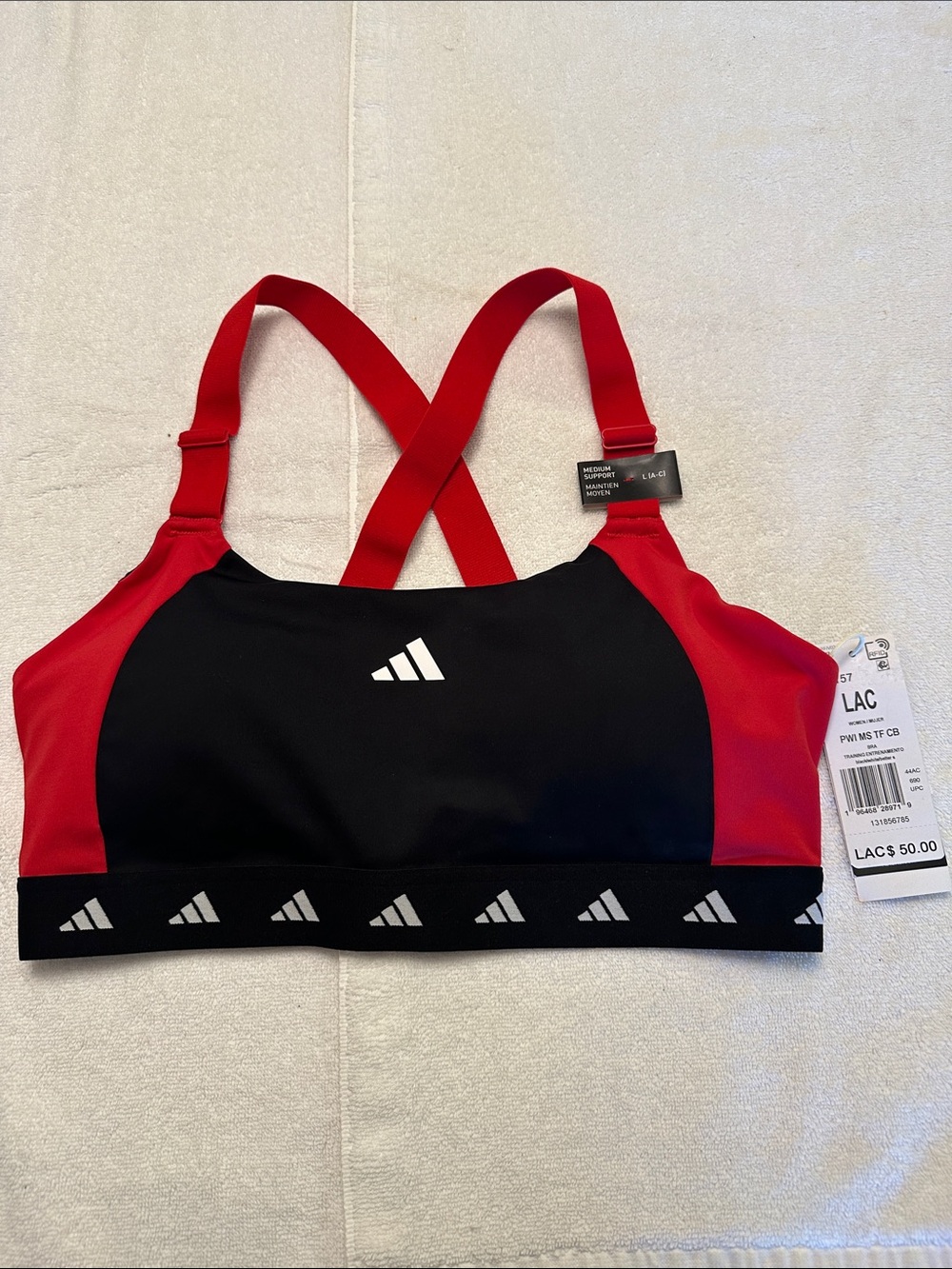 adidas Black and Red Cross-Back Medium support Sports bra with pads